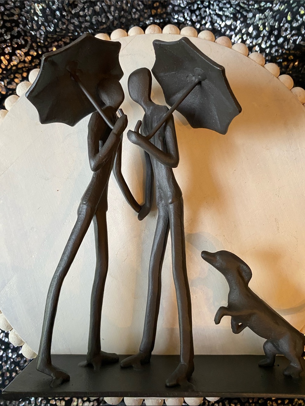 Metal Couple Sculpture in Black with Dog Figurine